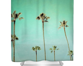 Extra Long Shower Curtain | Custom Shower Curtain | Palm Tree Print | Turquoise | Custom Bathroom Decor | Tropical Decor | Beach House Decor