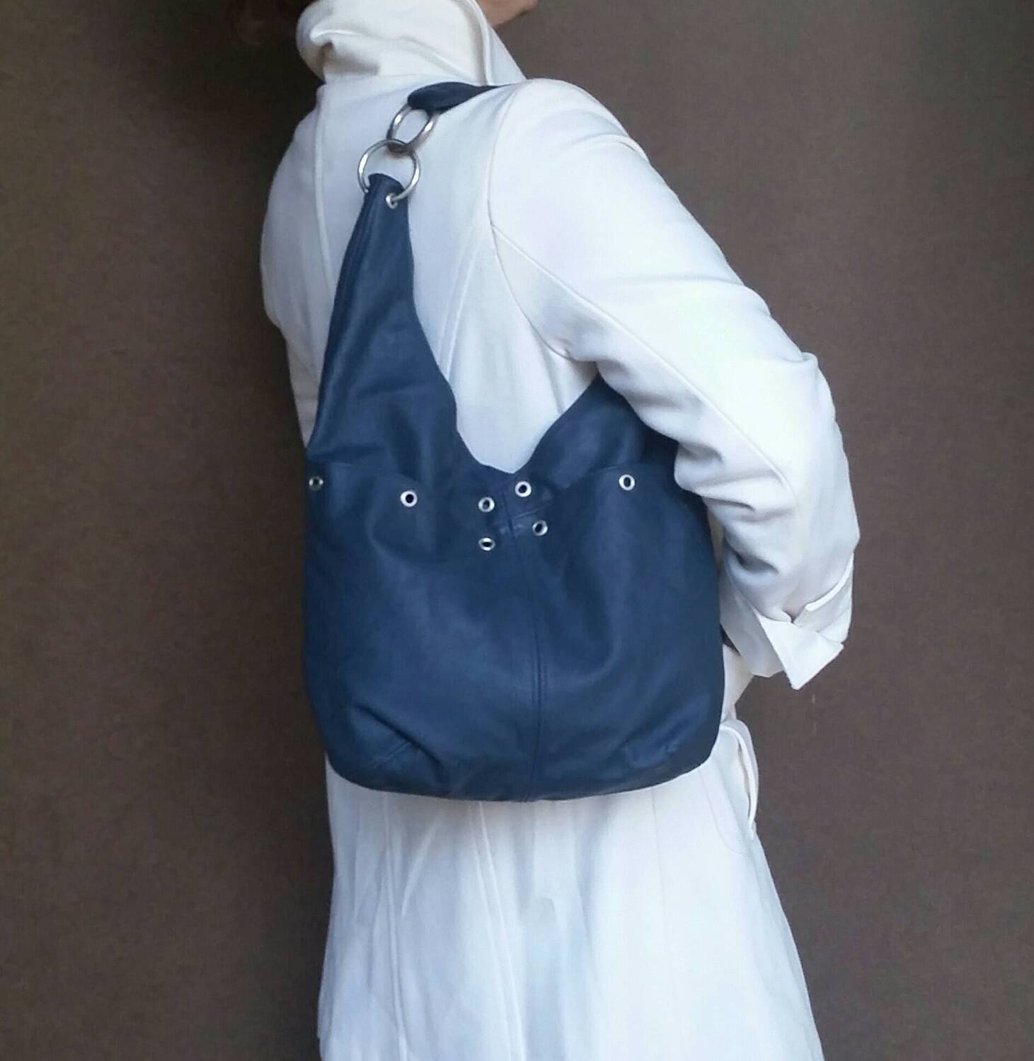 Blue Leather Hobo Bag Everyday Shoulder Purse Casual Stylish