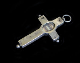 SALE- Sandra Hendler Original Hand Painted Miniature Eye in Antique French Silver Cross Reliquary (Opening)
