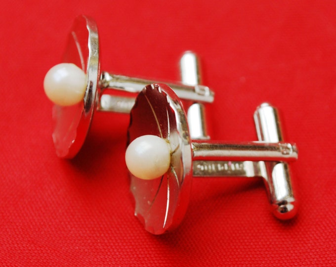 Sterling Silver Pearl Cuff links and tie tact. - round white salt water pearl - wedding groom - cufflinks