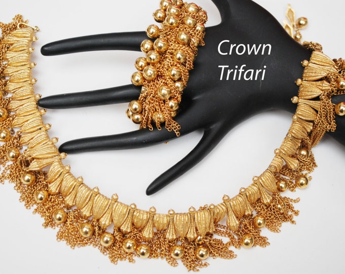 Crown Trifari Gold Tassel Link Necklace and expansion Cha cha Bracelet Mid Century