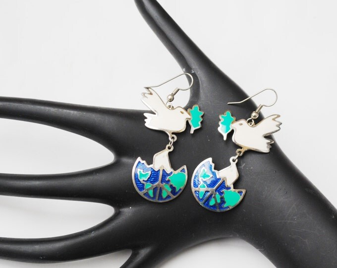 Berebi Signed - Silver dangle earrings -Enamel Dove - Peace on Earth Globe - White Dove