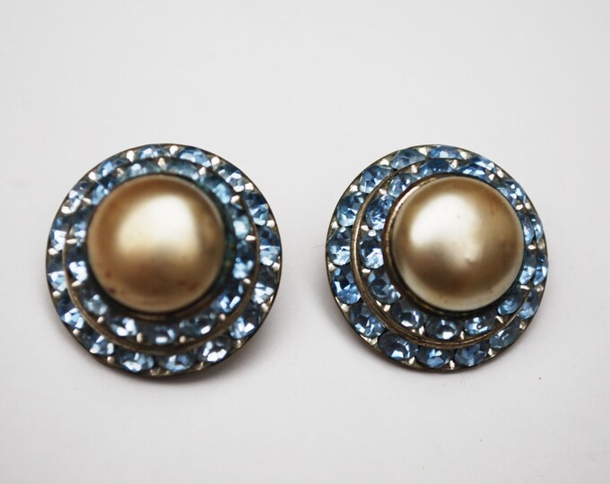 Blue Rhinestone Pearl Earrings Mid century Domed clip on earrings