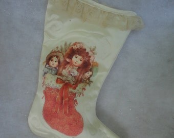 Vintage Giordano Art Ltd Christmas Stocking Giordano Chirstmas Stocking White Satin Christmas Stocking with Dolls Victorian Style Xmas