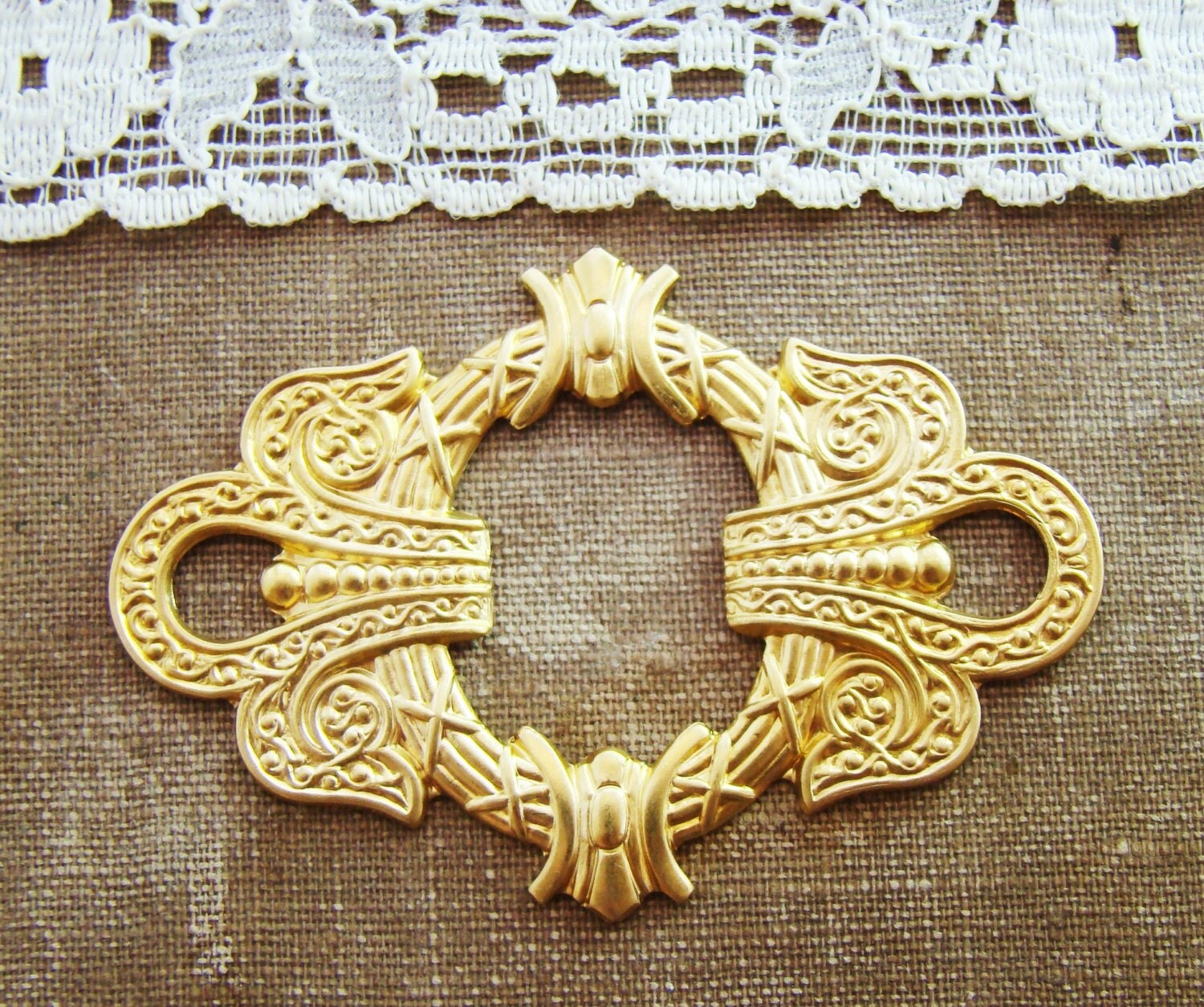 Large Ornate Edwardian Raw Brass Stamping Connector Jewelry