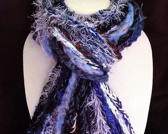 Hipster scarf - Handmade scarves: Blue fringe scarf - Crochet, Hippie, fun - accessory, warm, soft, light, high fashion - hand made