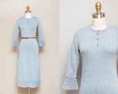 Vintage 1930s Knit Dress / 30s Silvery Powder Blue Sweater Dress / Long Sleeves / SM-MED