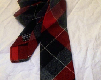 1960s JB Wells & Son Co Men's Tie - Red Black Plaid - Utica NY - Wool