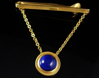 Unusual Tie clip Vintage Blue Dome Top Pendant Chain Spoon end Birthday gift Fathers Day Wedding groom Gold jewelry Tie bar