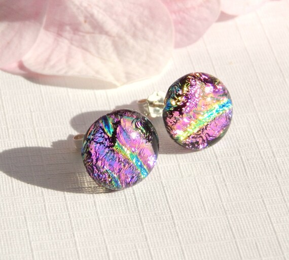 Dichroic Glass Earrings Sterling Silver Stud by TremoughGlass