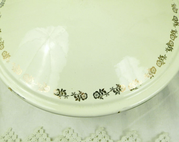 Large Antique French Off White Green & Gold Enamelware Lidded Vessel Pot Pan/ Retro Vintage Home Decor / Enamel / Cottage Kitchen Country