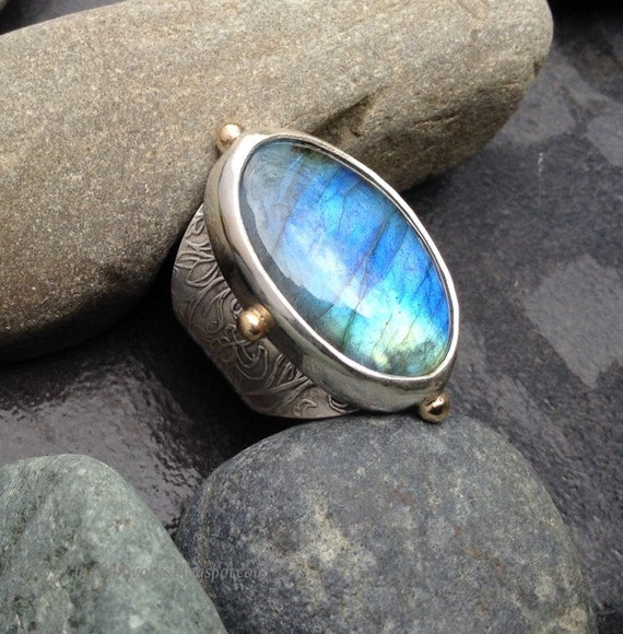 Large blue green labradorite ring wide ornate sterling silver