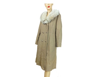 Fox Collar Coat Vintage 70's Camel Wool Midi Coat Real Fur Collar Double Breasted Marshall Fields