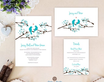 Turquoise wedding invitation set printed on shimmer white paper: invitation+ RSVP card + details card | Tree wedding invitations
