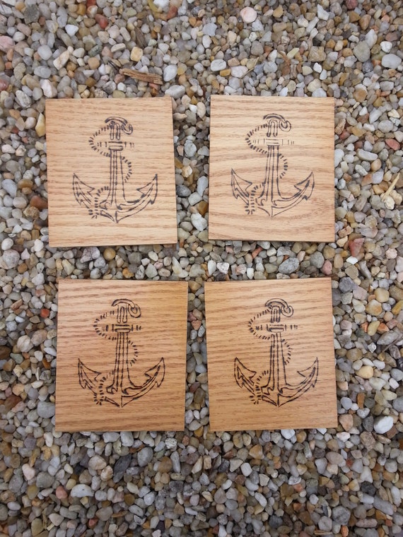Hand crafted wood burning anchor coasters