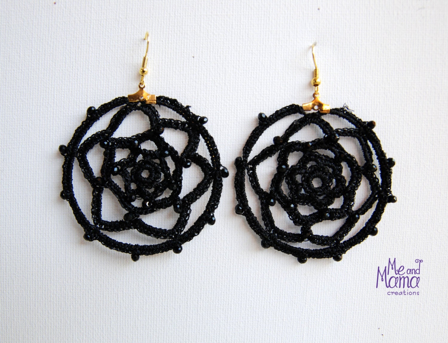 BLACK Crochet Hoops Earrings. Dreamcatcher dangle earrings.