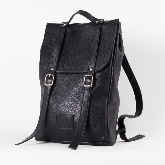 Black middle size leather backpack rucksack / To order by kokosina