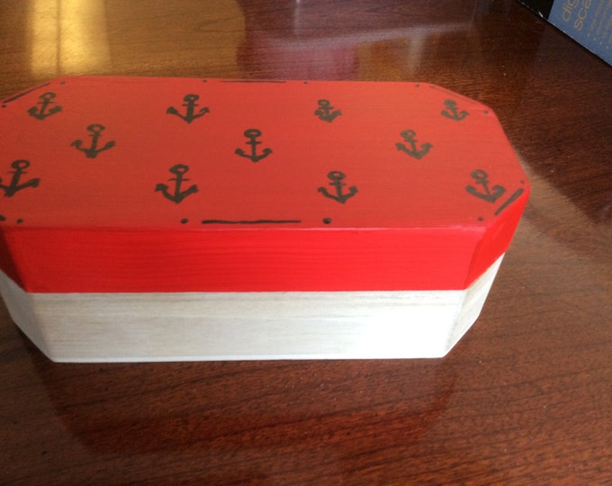 Solid Wood Box with Hinged Lid - Black Anchors painted on Lid