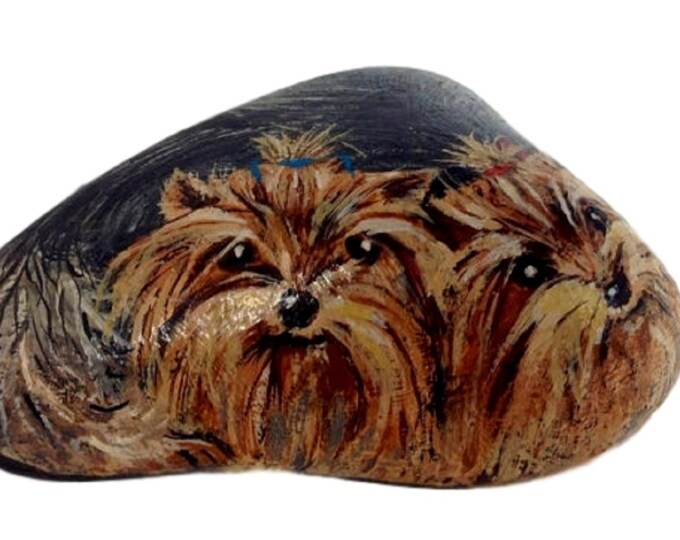 Garden Art Hand Painted Rock Yorkie Dog, Pet Memorial Art Stone