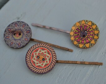 Hippy Hair clip, Retro Hair clip, Hair Bow, Bobby Pin, Hippie hair, Kids hair, Hair accessories, Hair pin, Button Clips, Wooden button