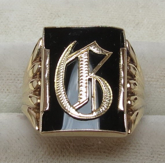 Vintage 9K Gold Men's Black Onyx Signet Ring/ Letter