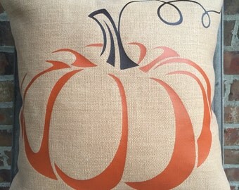 FALL PUMPKIN PILLOW - waxed burlap pumpkin slipcover only with burnt orange and brown curly stem