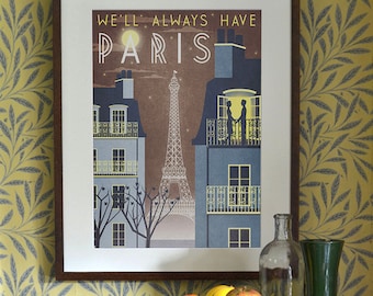 Paris Eiffel Tower Casablanca Art Deco Poster Print A3 A2 A1 Vintage Retro City French 1940's Vogue Cityscape Travel Holiday Romantic Bahaus