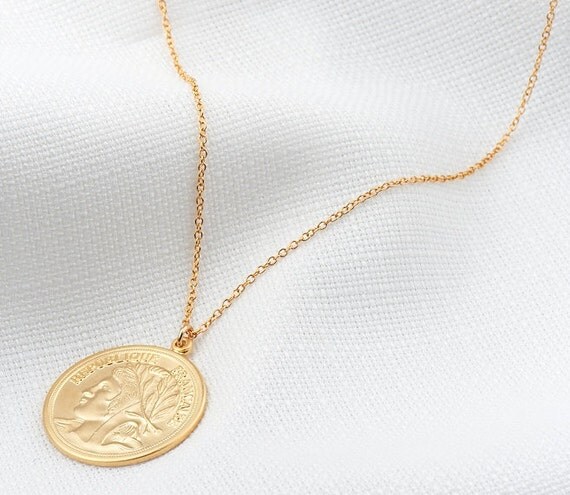 Gold Long necklace Gold coin necklace Coin pendant necklace