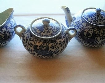 Vintage Flying Turkey Tea Assortment|Flying Turkey Tea Set|Phoenix Bird Teapot|Sugar and Creamer|Blue and White|Made in Japan