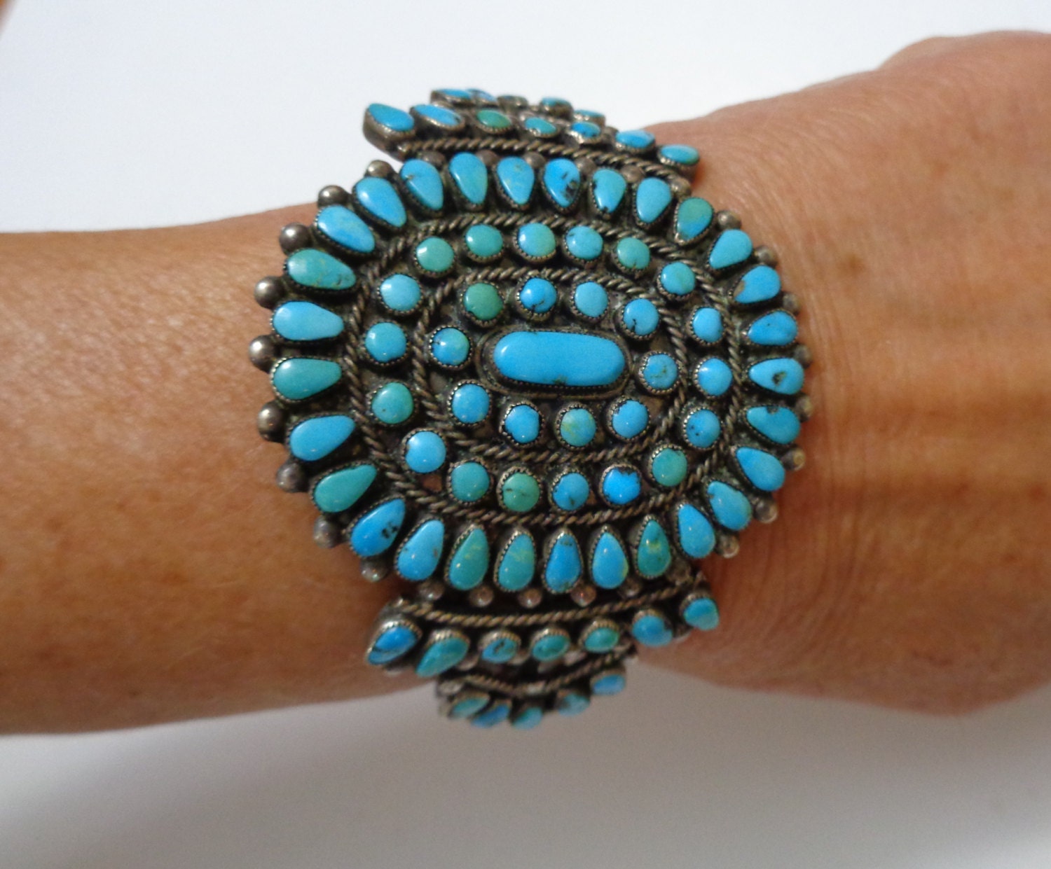 Old Pawn Zuni Sterling Silver and Turquoise Cluster Cuff