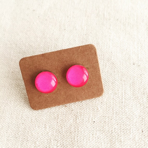 FREE SHIPPING - Fuschia Pink Glass Stud Earrings. Bright & colorful block color. Surgical Steel - Sensitive Ears - Free Postage
