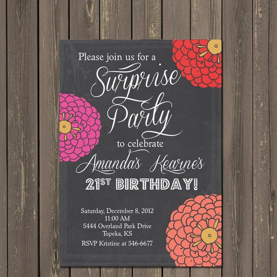 Adult Birthday Invitation, Chalkboard Party Invite, Womens Birthday, 21st, 30th, 40th, 50th, Floral Chalkboard, Surprise, Printable or DIY Il_570xn