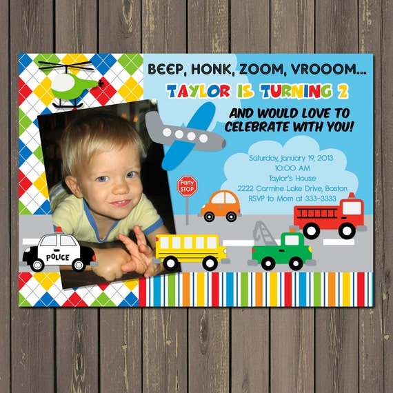 Transportation Birthday Invitation, Transportation Party Invite, car, plane, firetruck, police car, boys birthday theme, photo invite Il_570xn