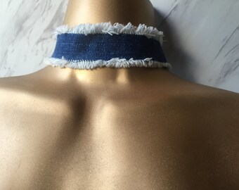 Frayed Denim Choker - Jean Choker - Distressed Denim