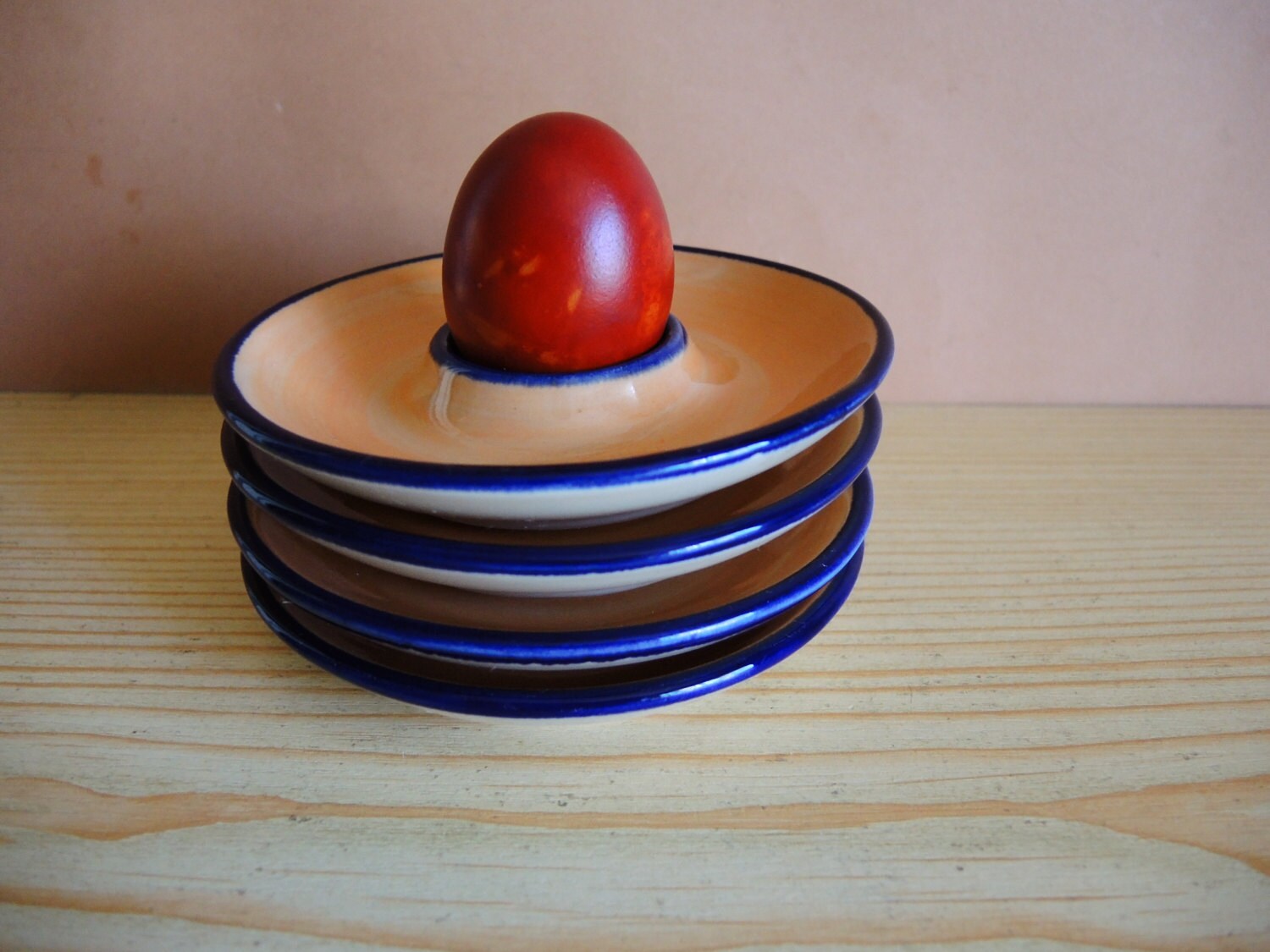 Set of 4 Vintage yellow with blue Ceramic Egg Holders from