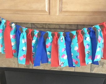 Streamer banner, peppa pig banner, peppa pig fabric banner, rag tie banner, nursery party banner, birthday banner, room decor, gifts, decor