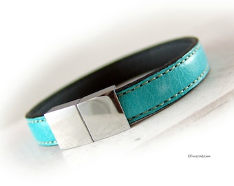 Womens turquoise leather bracelet silver stainless steel - gift for her girlfriend best friend sister wife mother xmas