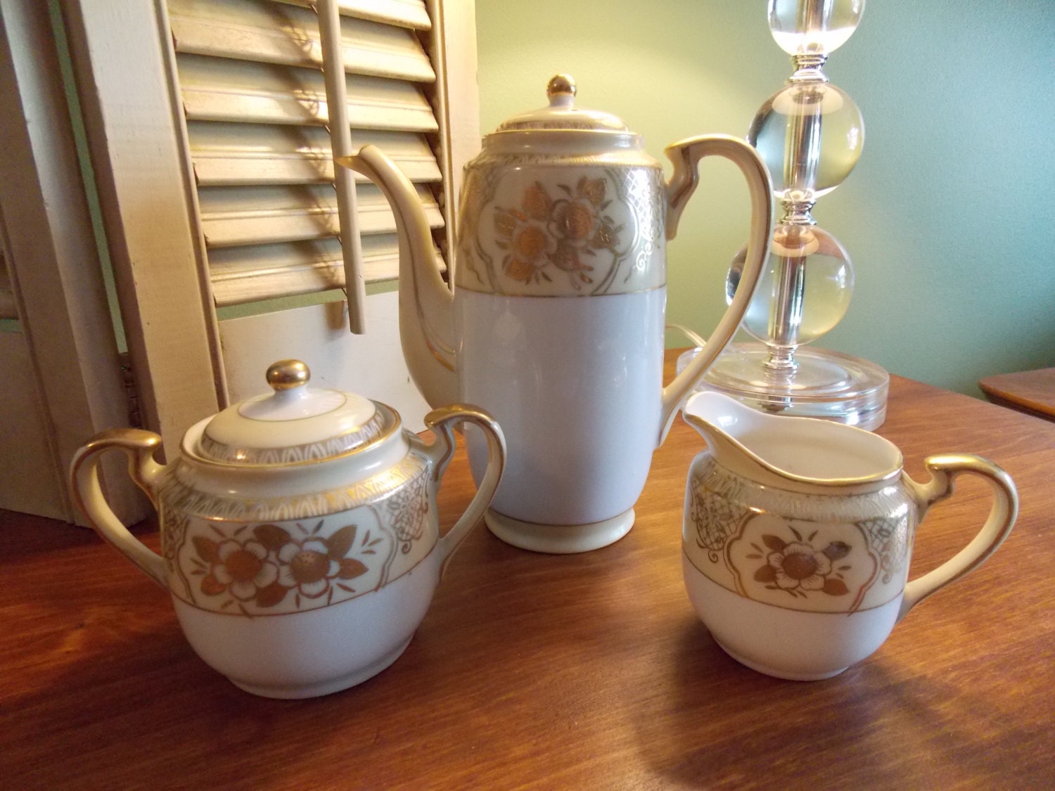  TEA  COFFEE POT  3 Piece Tea  Set  Teapot Cream Covered