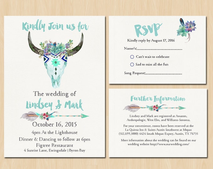 Tribal Boho Floral Bull Head Wedding Suite -Mint and Navy PRINTABLE Invitation // RSVP // Info Card // Full suite or separate purchase