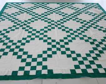 Machine pieced Green and white Irish Chain quilt Top Queen size