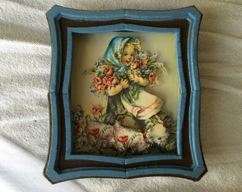 3-D Pop-Up Picture in Shadowbox Frame - Young Girl Holding Flowers With Puppy - 8 x 7 inch - hand made, vintage item