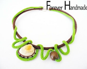 Brown and Green Shell Crochet Tube Necklace