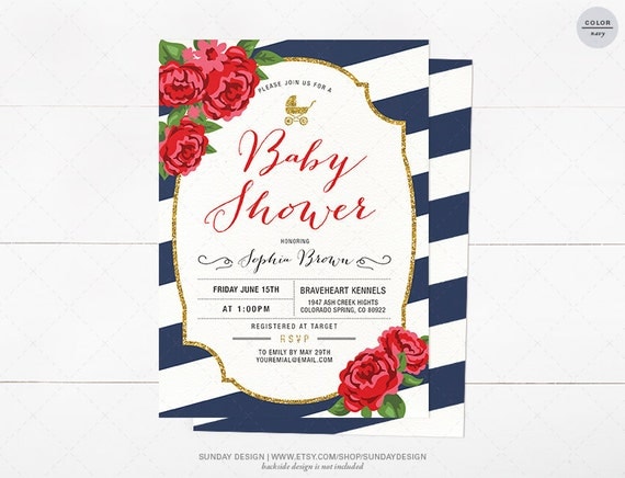 Red Rose Baby Shower Invitation Card DIY Floral by SundayDesign