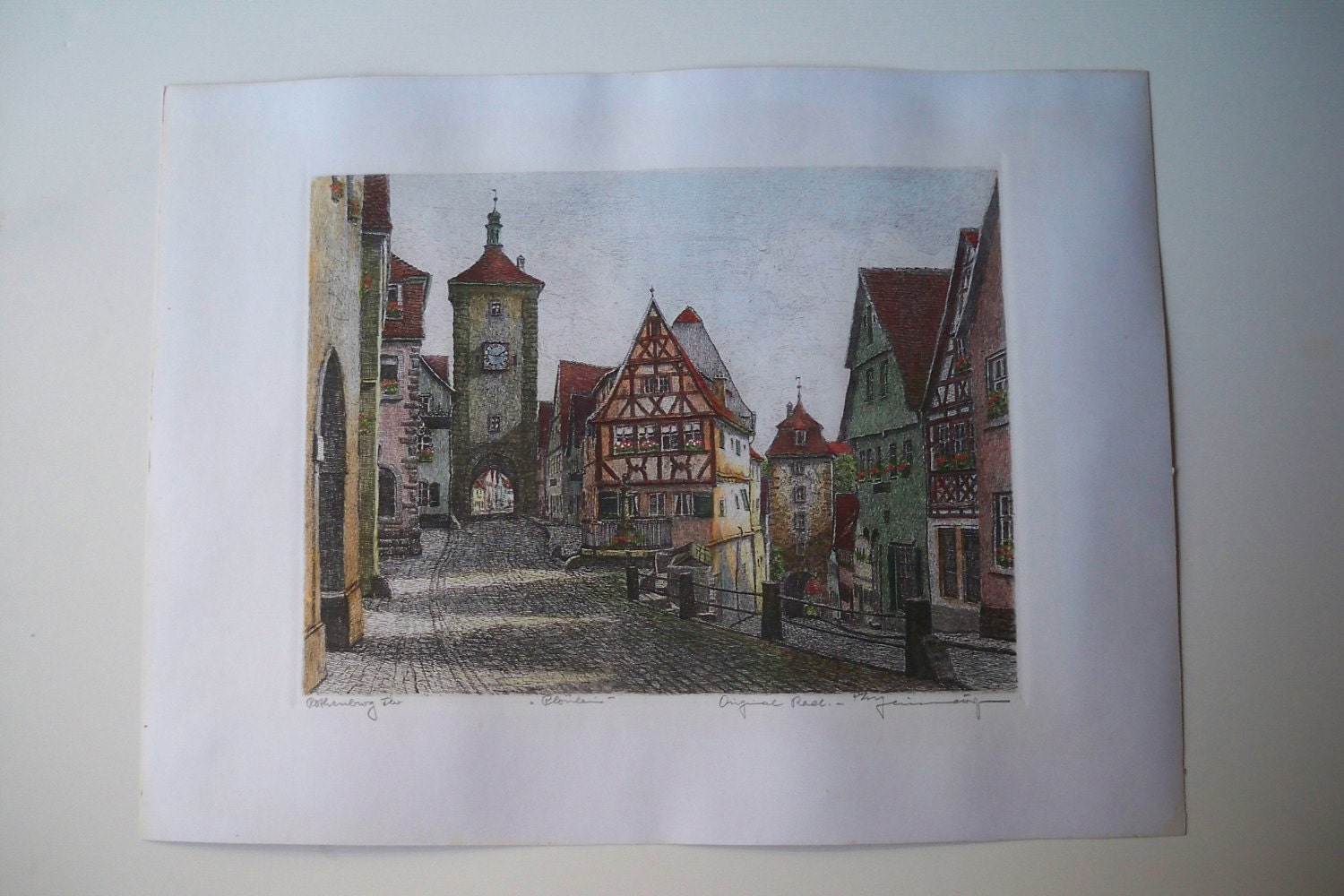 Vintage hand painted etching of Rothenburg by German artist