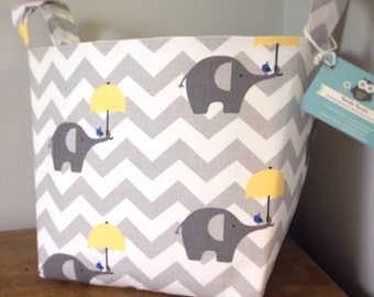 Elephants Storage Basket - Nappy Bag, Diaper Caddy, Nursery Storage, Playroom Storage, Toy Basket, Elephant Nursery Decor - Grey and Yellow