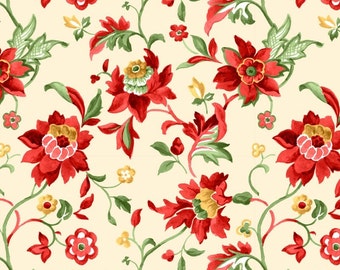Floral Fabric by the Yard, Quilt, Cotton, Red, Green, Gold, Jacobean, Crimson, Ivory, Cream, Christmas, Vine, Large Print, Decor