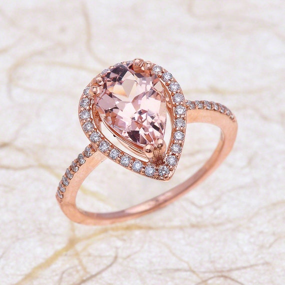  Rose  Gold  Engagement  Ring  Pear Shape Teardrop  Halo Morganite