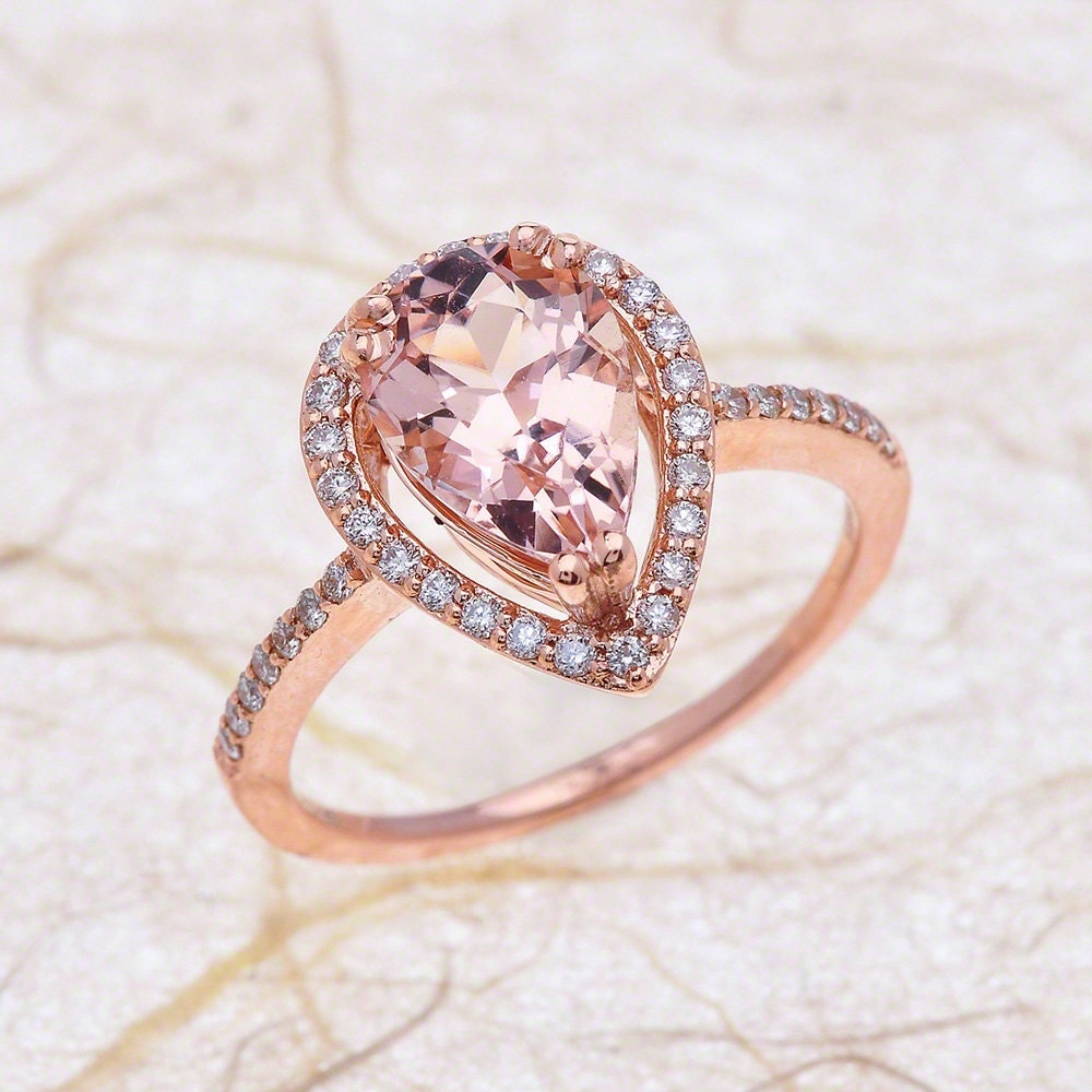 Rose Gold Engagement Ring Pear Shape Teardrop Halo Morganite