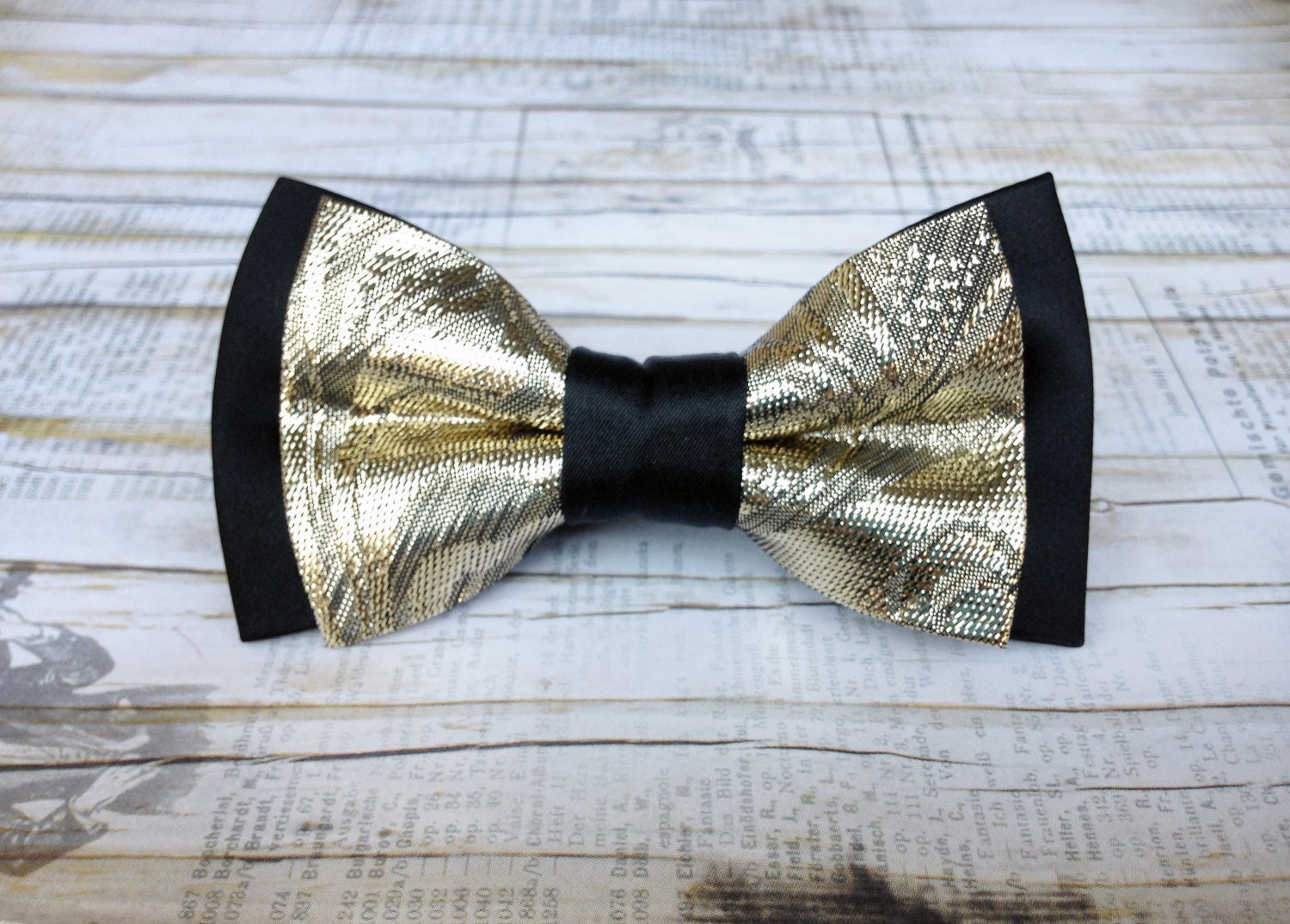 Men's black and gold bow tie. Metallic gold and black bow