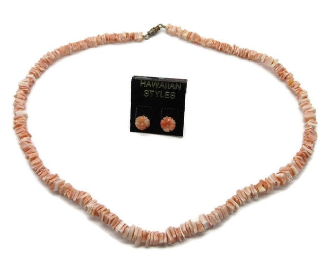 Vintage Coral Necklace Earrings Set, Carved Coral Demi Parure